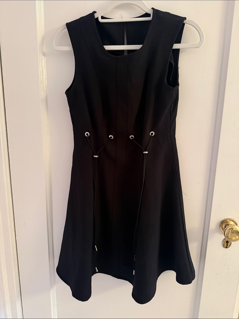 Sleeveless Black A-Line Dress with Waist Drawstring